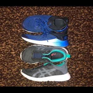 Two pairs of boys size 4 running shoes. New Balance and ASICS.